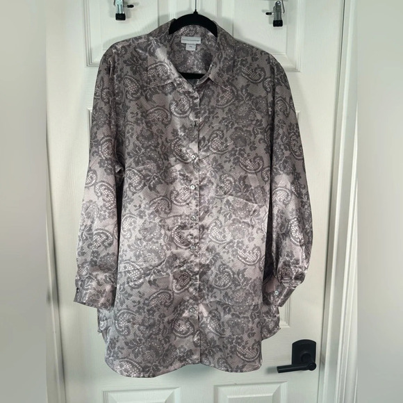 Soft Surroundings Satin Button Blouse Lace Print Womens Size Petite X-Large - Picture 1 of 8